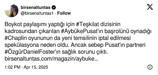Aybüke Pusat'la İlgisi Yokmuş: Chaplin Oyununun İptal Edilmesinin Nedeni Sağlık Sorunu Çıktı! 3 aybuke pusatla ilgisi yokmus chaplin oyununun iptal edilmesinin nedeni saglik sorunu cikti 2 bpJIJ8t5