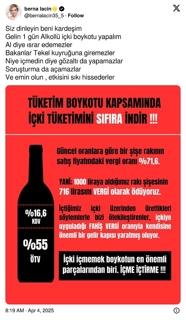 Berna Laçin’den Alkollü İçki Boykotu Çağrısı: "Bakanlar Tekel Kuyruğuna Giremezler" 2 berna lacinden alkollu icki boykotu cagrisi bakanlar tekel kuyruguna giremezler 1 zsDihVHs