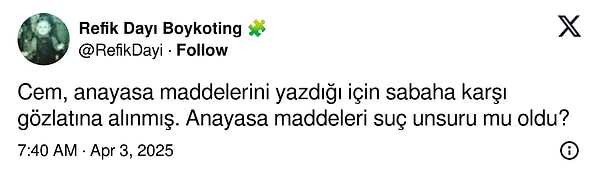 Cem Yiğit Üzümoğlu'nun Paylaşım Yaptığı Nedeniyle Gözaltına Alınmasına Tepki Yağdı 5 cem yigit uzumoglunun paylasim yaptigi nedeniyle gozaltina alinmasina tepki yagdi 4 3PYB7lOT