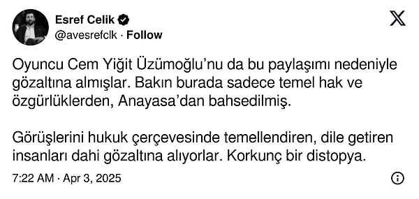 Cem Yiğit Üzümoğlu'nun Paylaşım Yaptığı Nedeniyle Gözaltına Alınmasına Tepki Yağdı 7 cem yigit uzumoglunun paylasim yaptigi nedeniyle gozaltina alinmasina tepki yagdi 6 XtweWpIT