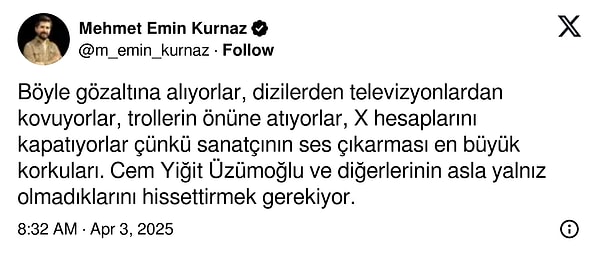 Cem Yiğit Üzümoğlu'nun Paylaşım Yaptığı Nedeniyle Gözaltına Alınmasına Tepki Yağdı 9 cem yigit uzumoglunun paylasim yaptigi nedeniyle gozaltina alinmasina tepki yagdi 8 1aHDw8DT