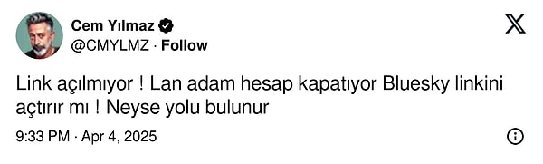 O da Hesap Açtı: Bluesky Göçüne Katılan Cem Yılmaz Profilinin Linki Açılmayınca Elon Musk'a İsyan Etti! 3 o da hesap acti bluesky gocune katilan cem yilmaz profilinin linki acilmayinca elon muska ypTgBJLw