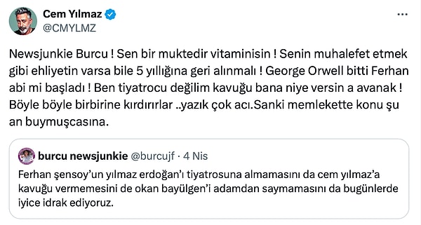 Tepki Çeken Cem Yılmaz'dan Ferhan Şensoy'a Hak Verip Kendisini Eleştiren X Kullanıcılarına Sert Çıkış 3 tepki ceken cem yilmazdan ferhan sensoya hak verip kendisini elestiren x kullanicilarina sert cikis