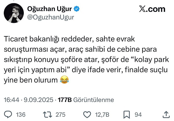 oguzhan ugur ticaret bakanligi karti olan luks arabaya binen sevval sahin olayinin sonucunu yazmisti COv9GXh4